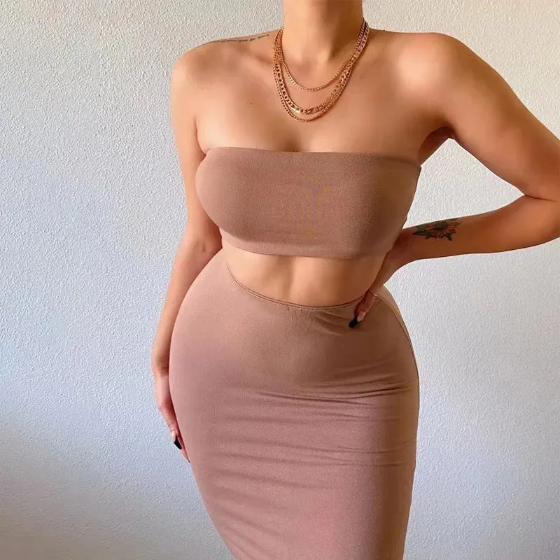 2pcs/set Women Long Skirt Sets Sexy Strapless Tube Top Bodycon Maxi Skirts Y2k Two Piece Outfit Summer Clothing Beach Wear