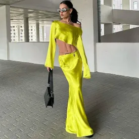 ADVBRIDGE 2 Piece Dress Sets Glossy Satin Women Slash Neck Off Shoulder Long Sleeve Crop Top Bodycon Maxi Skirts Clubwear Sexy Party Suit