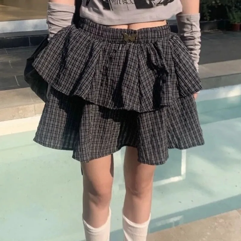 Advbridge Ruffle Plaid Mini Skirt Women Kawaii Preppy Style Short Skirts Layered Sweet Cute Korean Fashion Casual Street Skirt