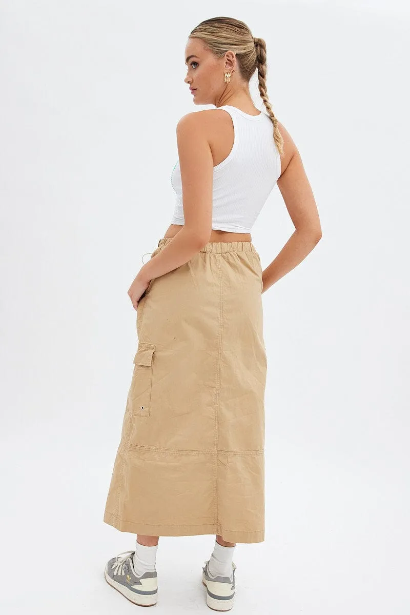 Beige Maxi Skirt Low Rise Cargo Parachute