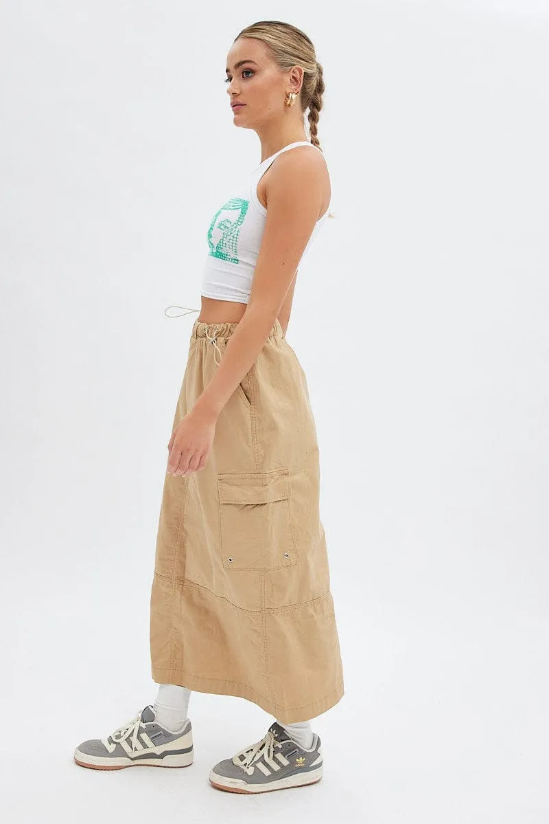 Beige Maxi Skirt Low Rise Cargo Parachute