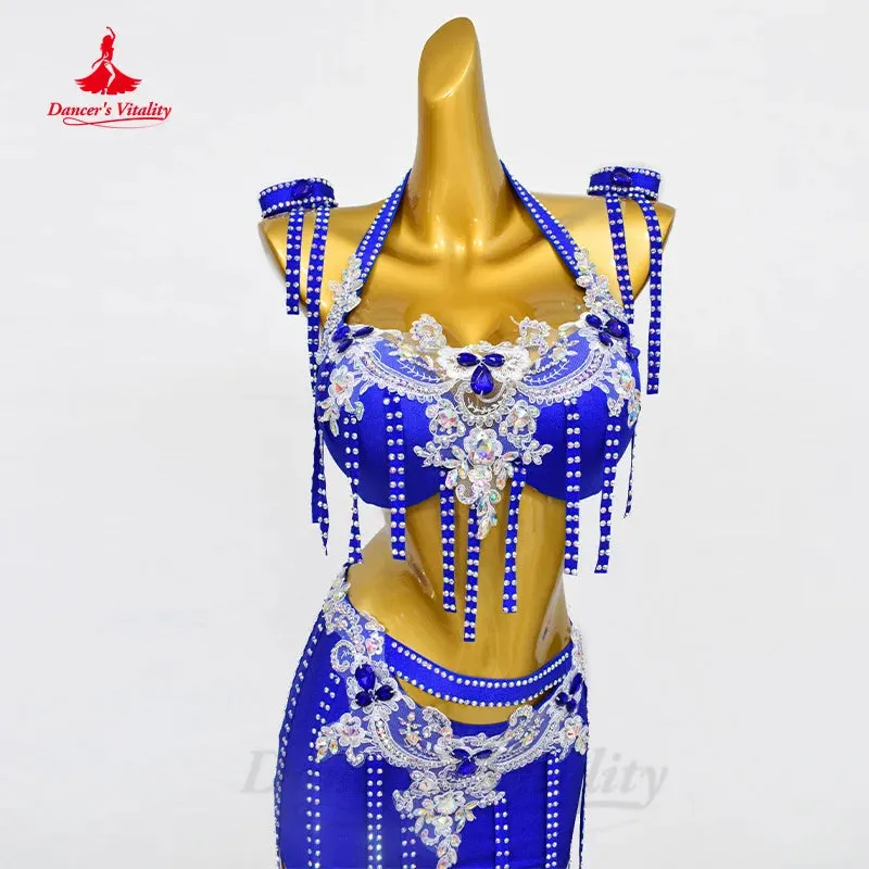 BellyDance Clothing Suit Customized Senior AB Stones Bra Luxury Rhinestone Tassel Skirt 2pcs Oriental Dance Performance Clothing