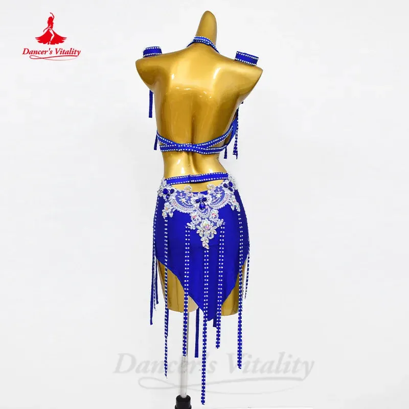 BellyDance Clothing Suit Customized Senior AB Stones Bra Luxury Rhinestone Tassel Skirt 2pcs Oriental Dance Performance Clothing