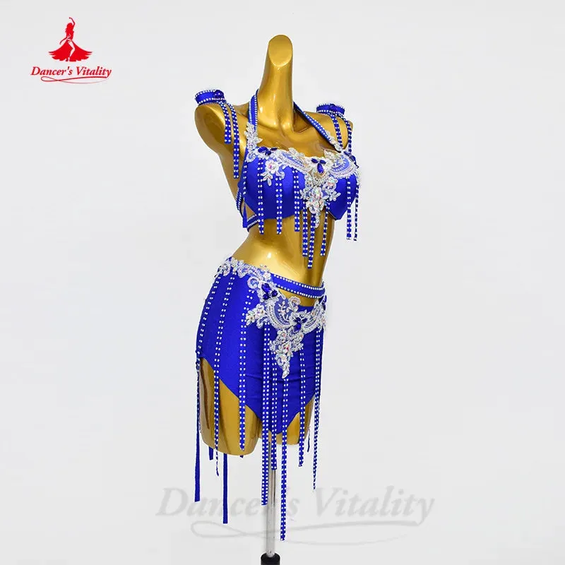 BellyDance Clothing Suit Customized Senior AB Stones Bra Luxury Rhinestone Tassel Skirt 2pcs Oriental Dance Performance Clothing