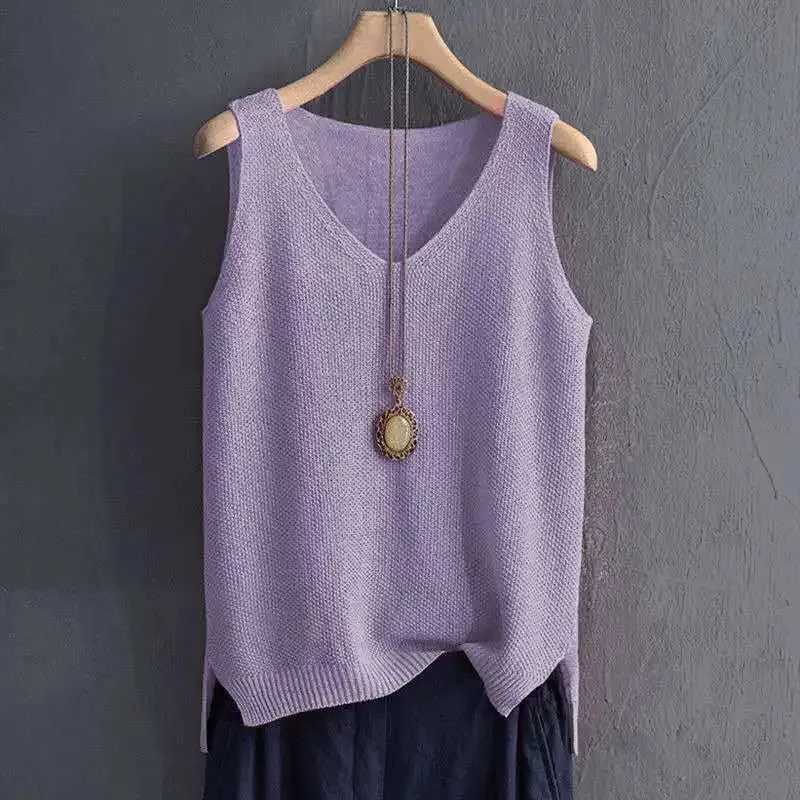 Big Size 5XL Solid Vintage Sleeveless Sweaters Vest Spring Autumn Loose V-Neck Pullover Fashion Casual Women Knit Tops 2022 New