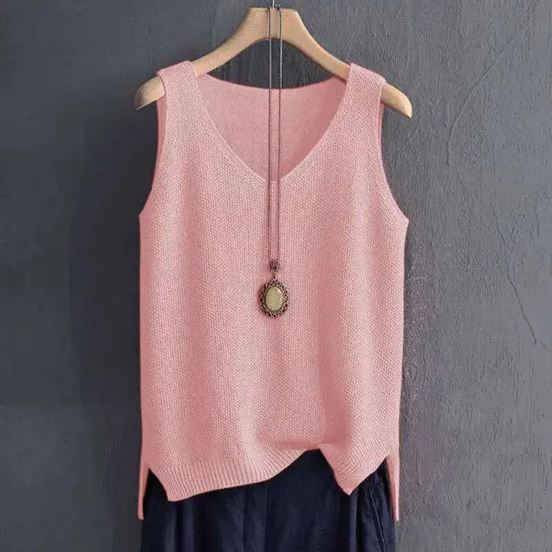 Big Size 5XL Solid Vintage Sleeveless Sweaters Vest Spring Autumn Loose V-Neck Pullover Fashion Casual Women Knit Tops 2022 New