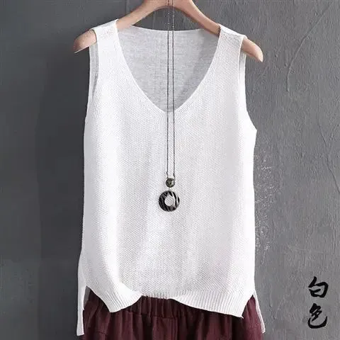 Big Size 5XL Solid Vintage Sleeveless Sweaters Vest Spring Autumn Loose V-Neck Pullover Fashion Casual Women Knit Tops 2022 New