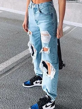 Casual Slim Fit Pocket Ripped Jeans for Women