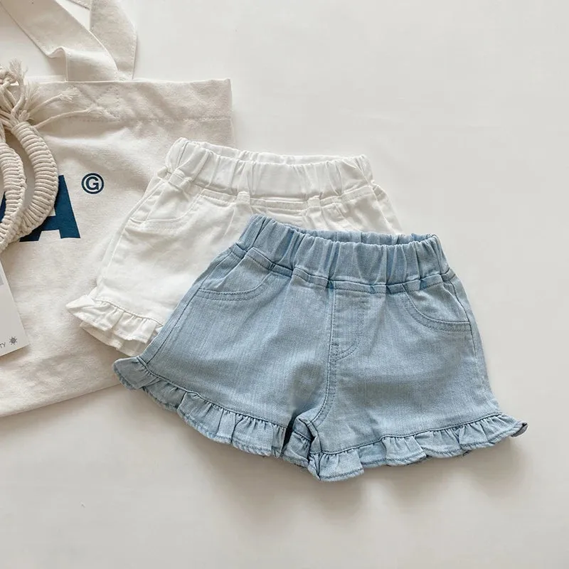 Children New Summer Kids Girls Ruffle Shorts Solid Brief Denim Children's Wear Teenage Girl Jeans