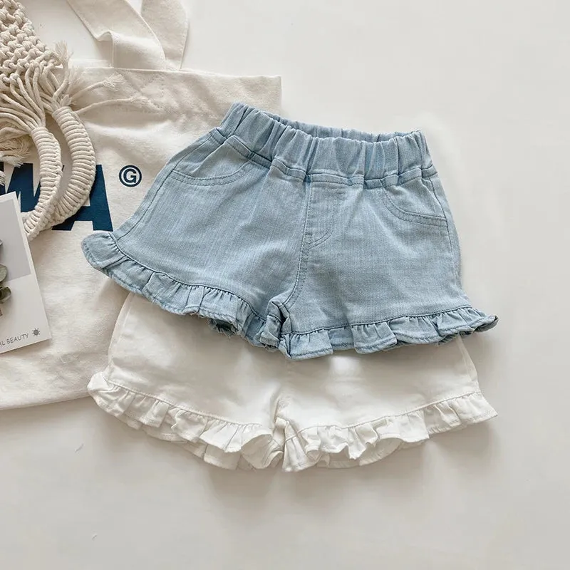 Children New Summer Kids Girls Ruffle Shorts Solid Brief Denim Children's Wear Teenage Girl Jeans