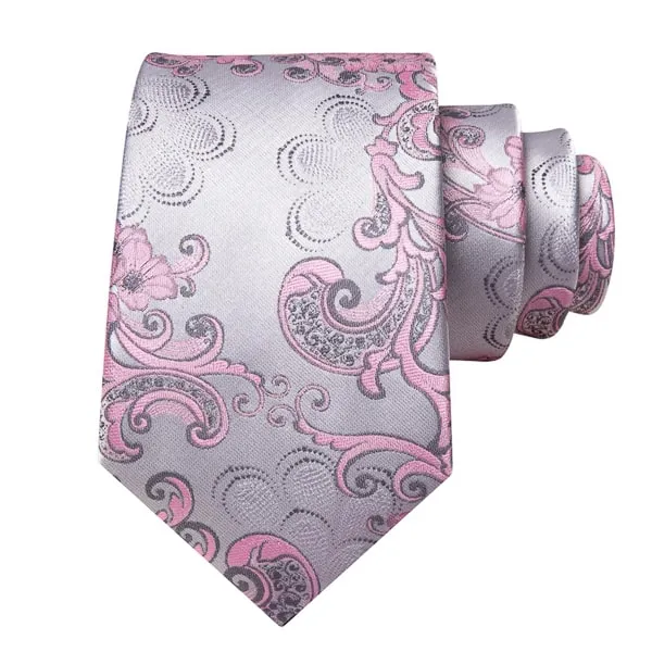 Classy Men Silver Pink Floral Silk Tie