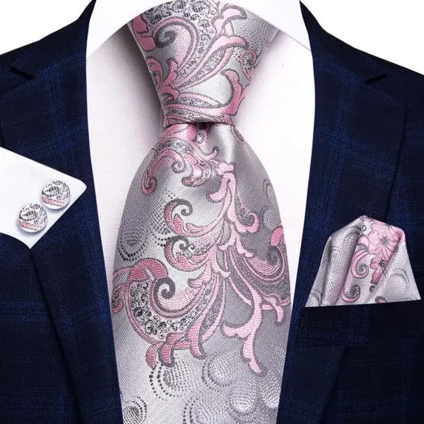 Classy Men Silver Pink Floral Silk Tie