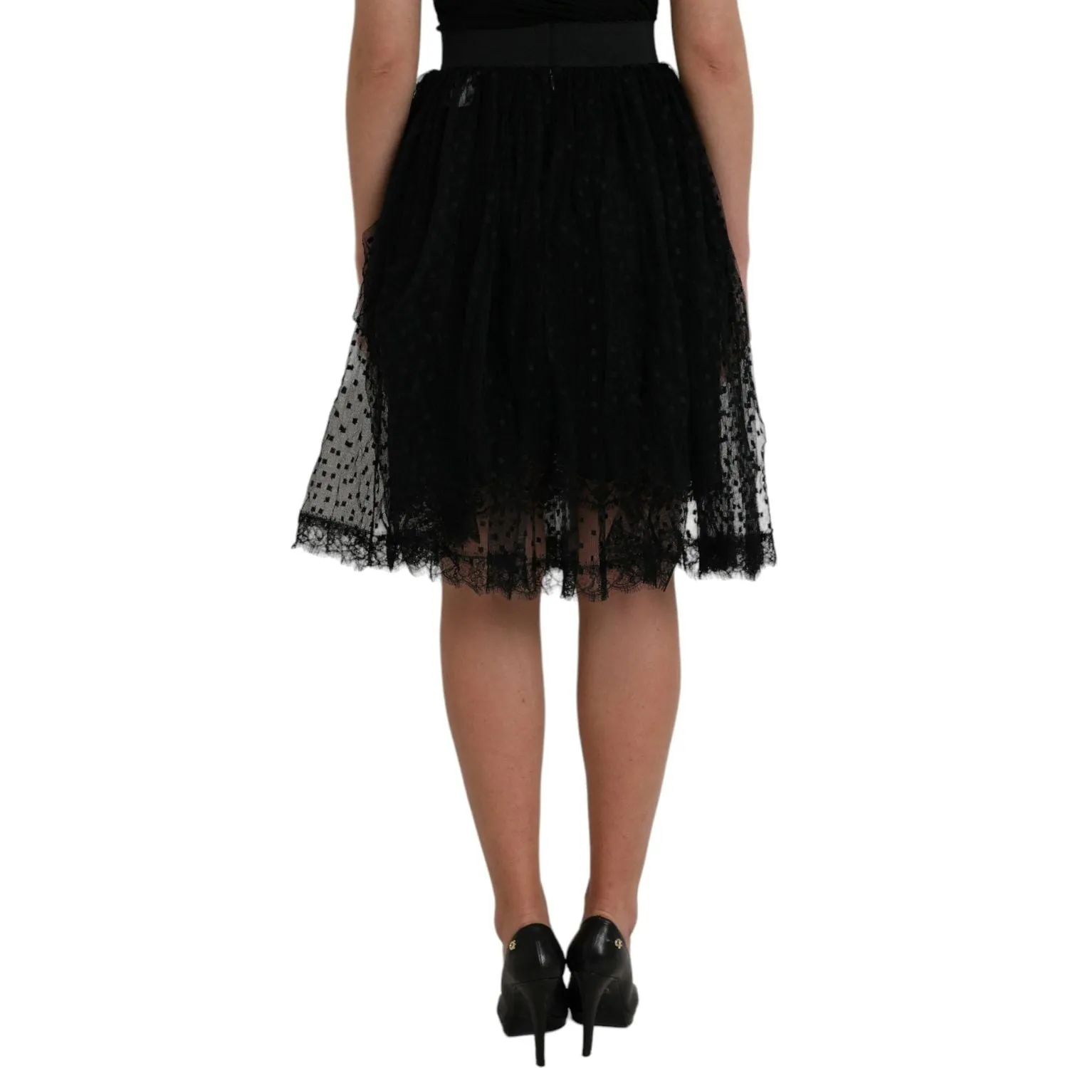 Dolce & Gabbana Black Nylon Lace Trim High Waist A-line Skirt