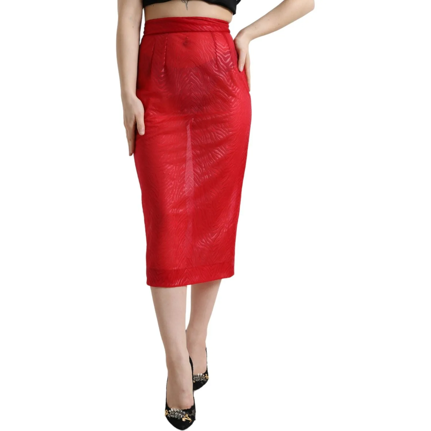 Dolce & Gabbana Chic Red High Waist Sheer Midi Skirt