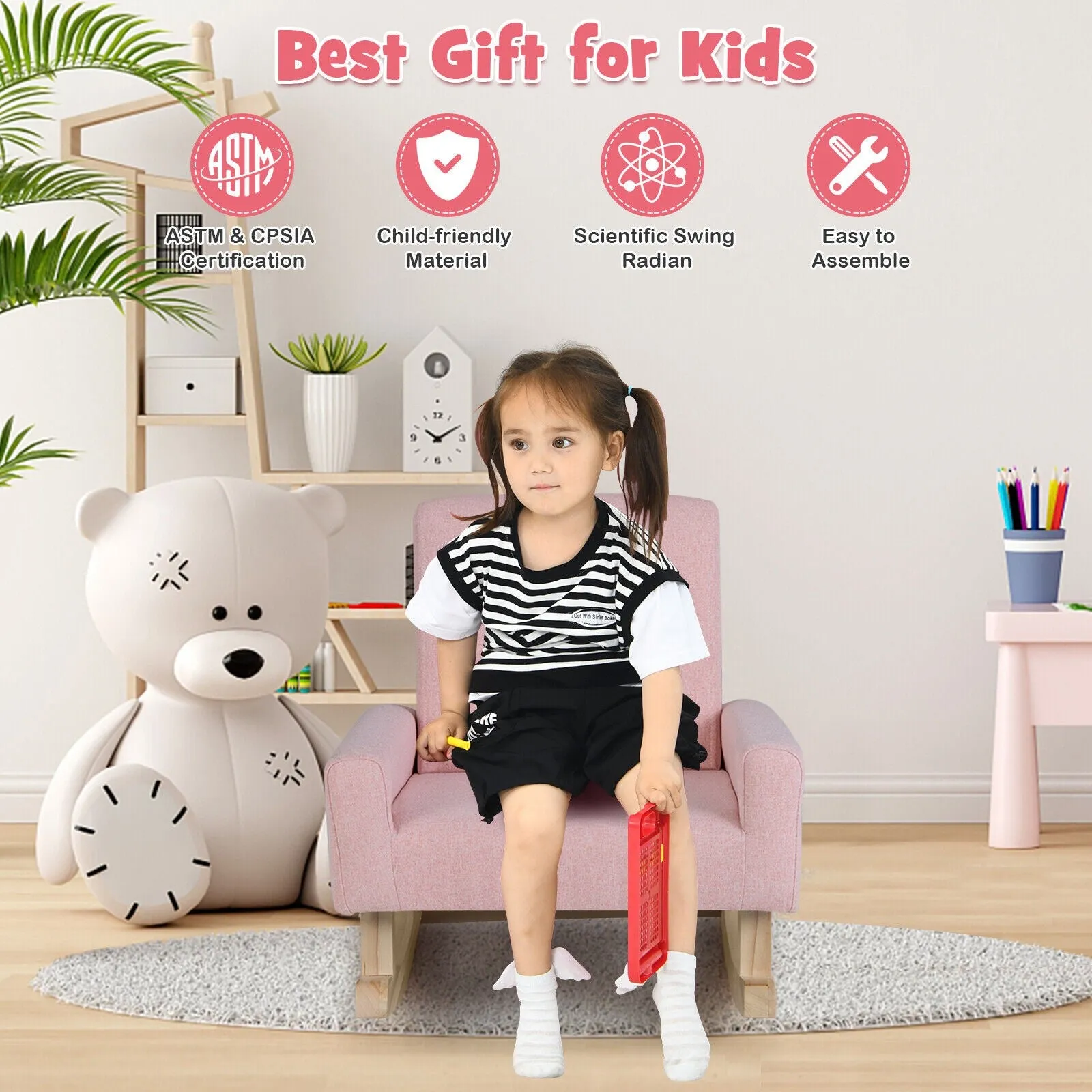 Kids Rocking Chair with Solid Wood Legs - Pink