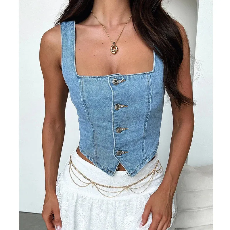 LANFUBEISI Women Denim Vest Sleeveless Boat Neck Button Down Crop Vest Jean Tanks Top Slim Smocking Aesthetic Clothes