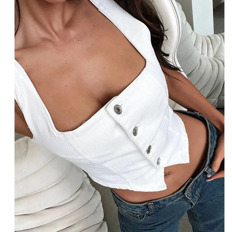 LANFUBEISI Women Denim Vest Sleeveless Boat Neck Button Down Crop Vest Jean Tanks Top Slim Smocking Aesthetic Clothes