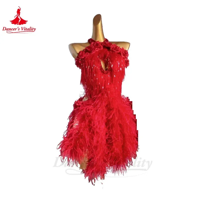 Latin Dance Dress for Women Senior Feather Beads Tassel Rumba Chacha Tango Performance Costume Skirt Adult Child Latin Dresses