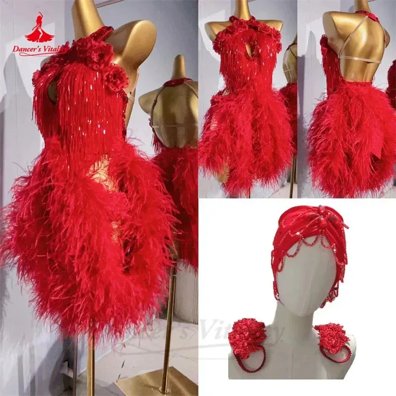 Latin Dance Dress for Women Senior Feather Beads Tassel Rumba Chacha Tango Performance Costume Skirt Adult Child Latin Dresses