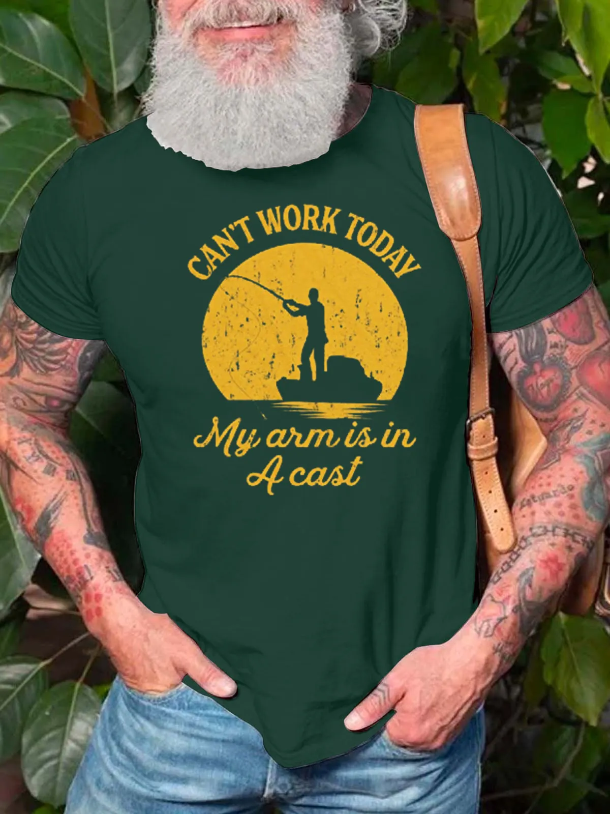 Mens Can't Work Today My Arm is in A Cast T-Shirt Funny Fishing Tee