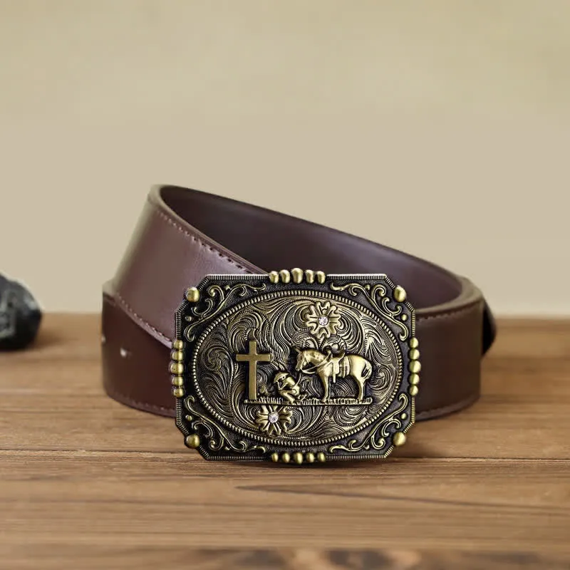 Men's DIY Horse Cross Kneeling Prayer Buckle Leather Belt