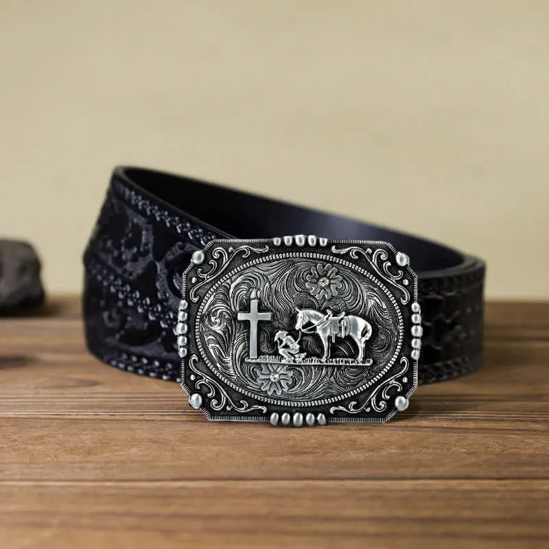 Men's DIY Horse Cross Kneeling Prayer Buckle Leather Belt