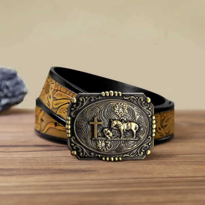 Men's DIY Horse Cross Kneeling Prayer Buckle Leather Belt