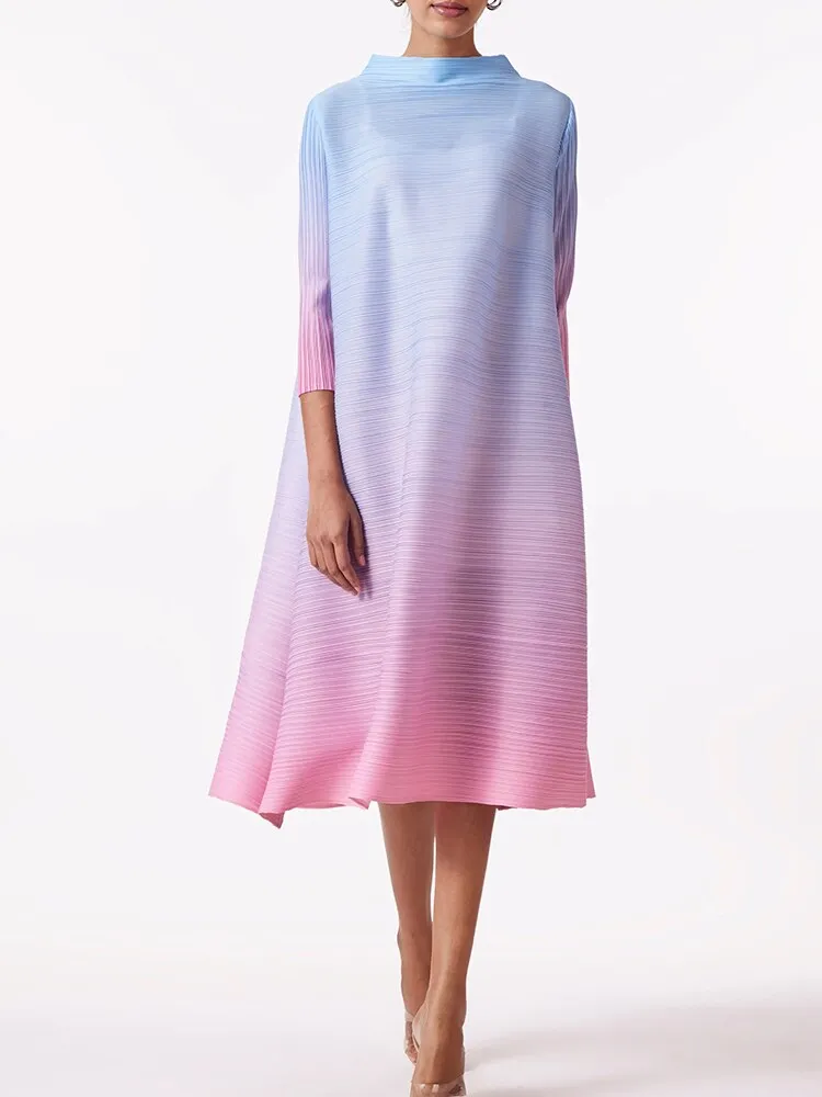 Miyake Pleated Gradient High Neck A-Line Dress