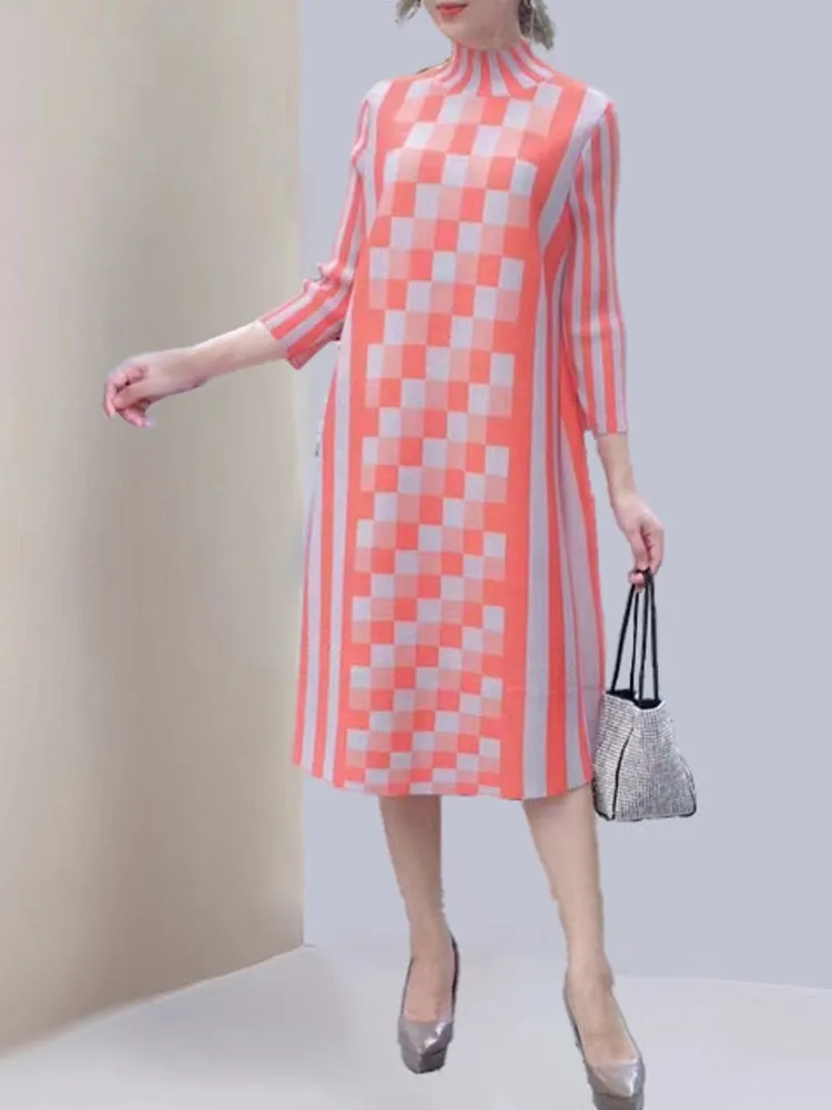 Miyake Pleated Plaid O-Neck Midi Dress