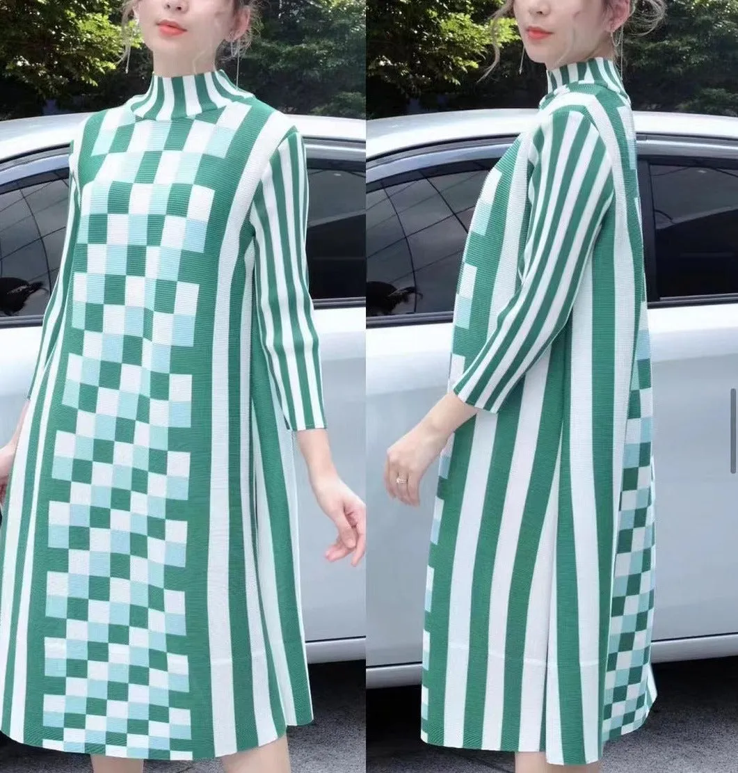 Miyake Pleated Plaid O-Neck Midi Dress