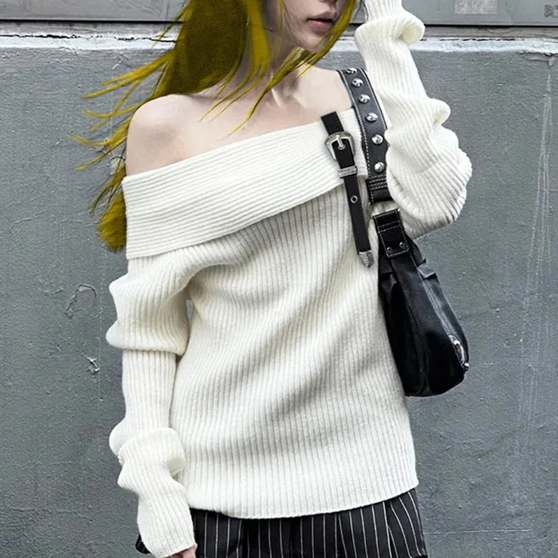 New Long Off Shoulder Street Rib Belt Sexy Knitted Sweater