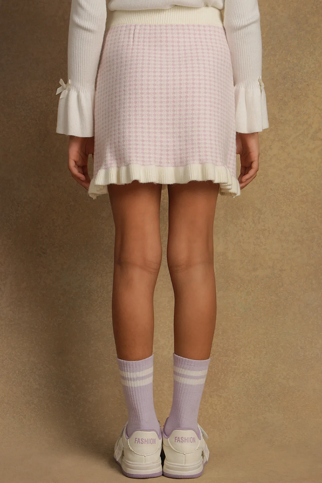 One Friday Girls Lavender & White Checks Knitted Woollen Skirt