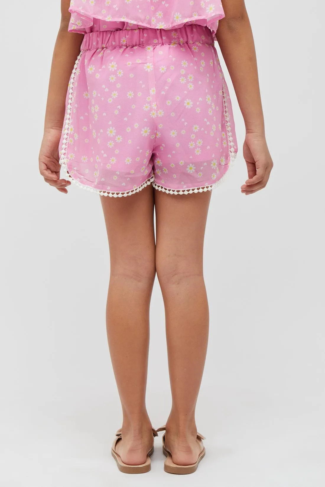 One Friday kids Girls Pink Floral Shorts with Lace & Bow