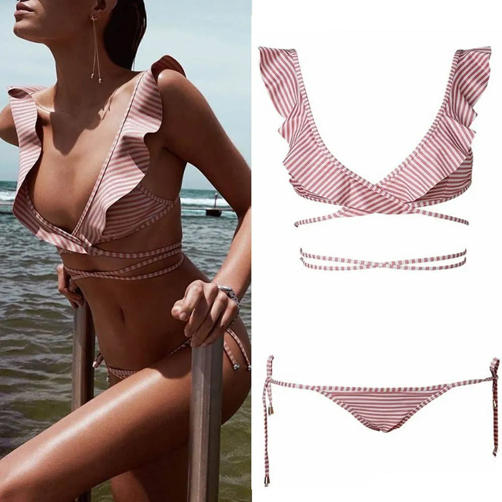 Pink Striped Split Bikinis