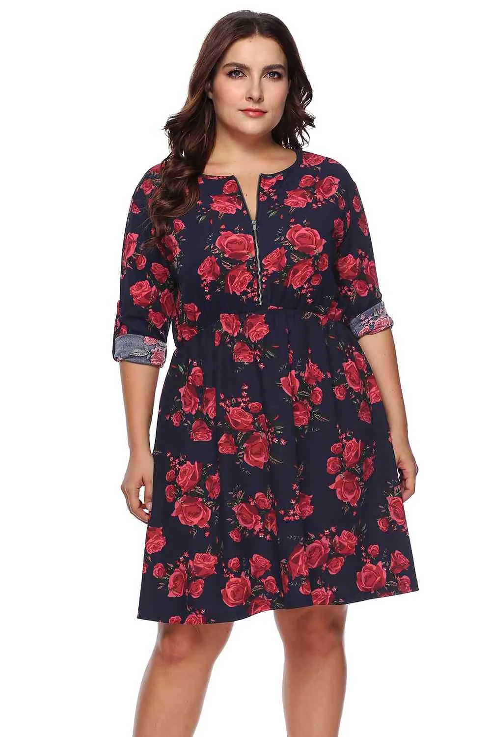 Plus Size Floral Print Half Zip Up Dress