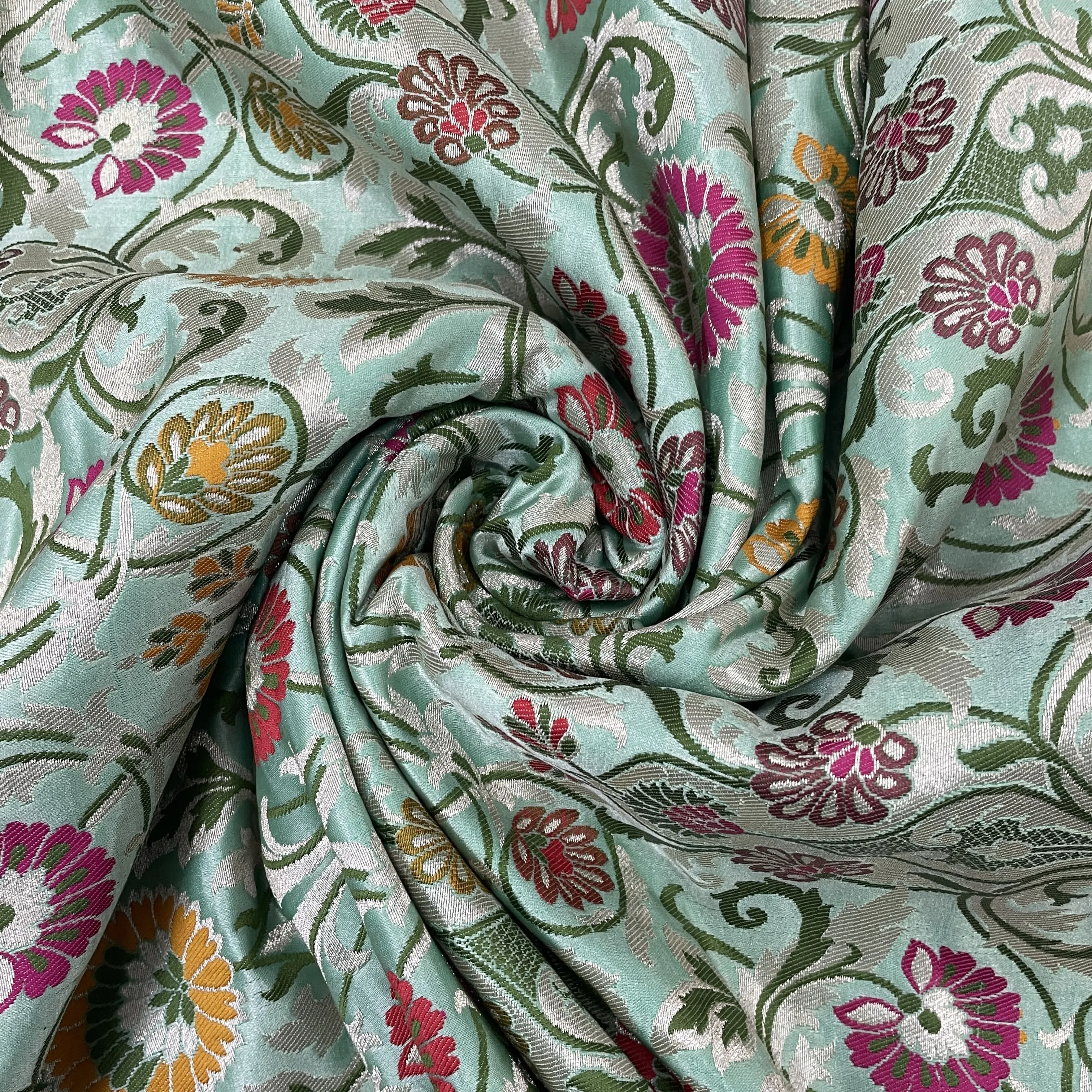 Premium Mint Green Floral Zari Khimkhwab Banarasi Silk Fabric