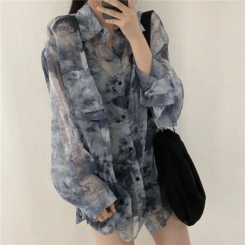 Shirts Women Fashion Tie Dye Harajuku Gothic Top New Korean Loose Casual Clothes Sun-proof Embroidery All-match Summer Holiday