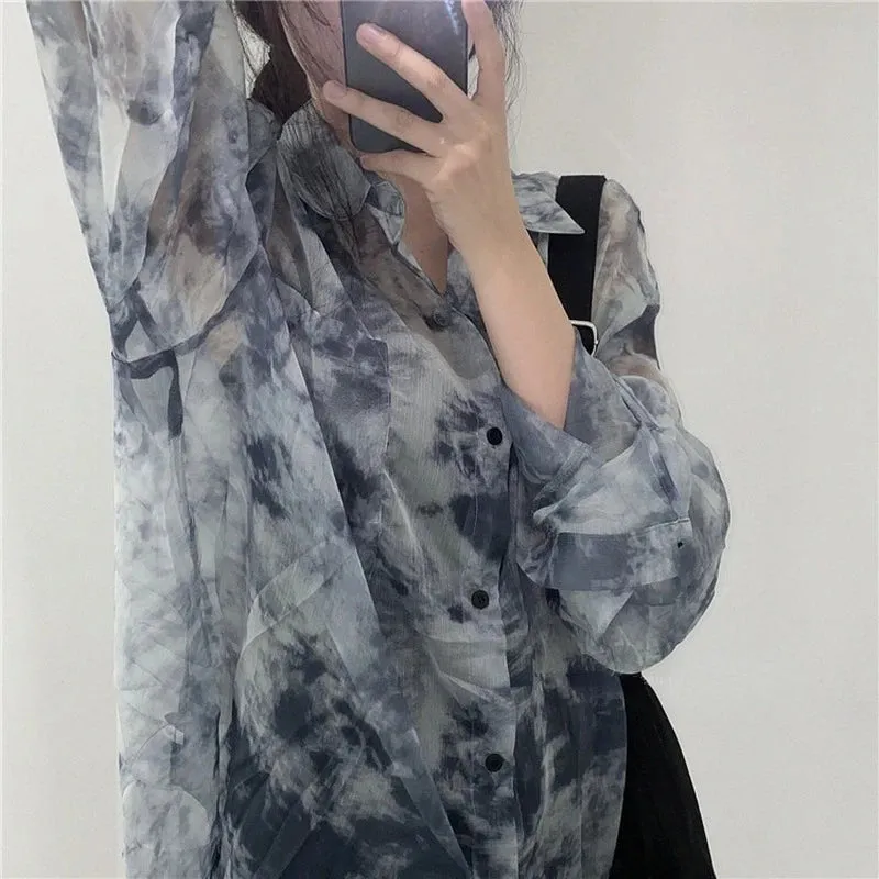 Shirts Women Fashion Tie Dye Harajuku Gothic Top New Korean Loose Casual Clothes Sun-proof Embroidery All-match Summer Holiday