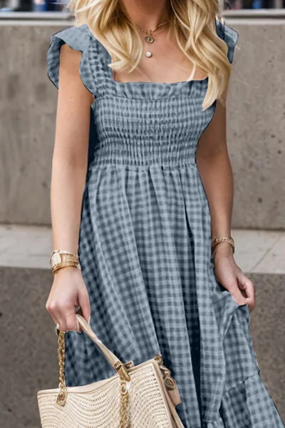 Smocked Ruffled Plaid Ruffle Hem Dress