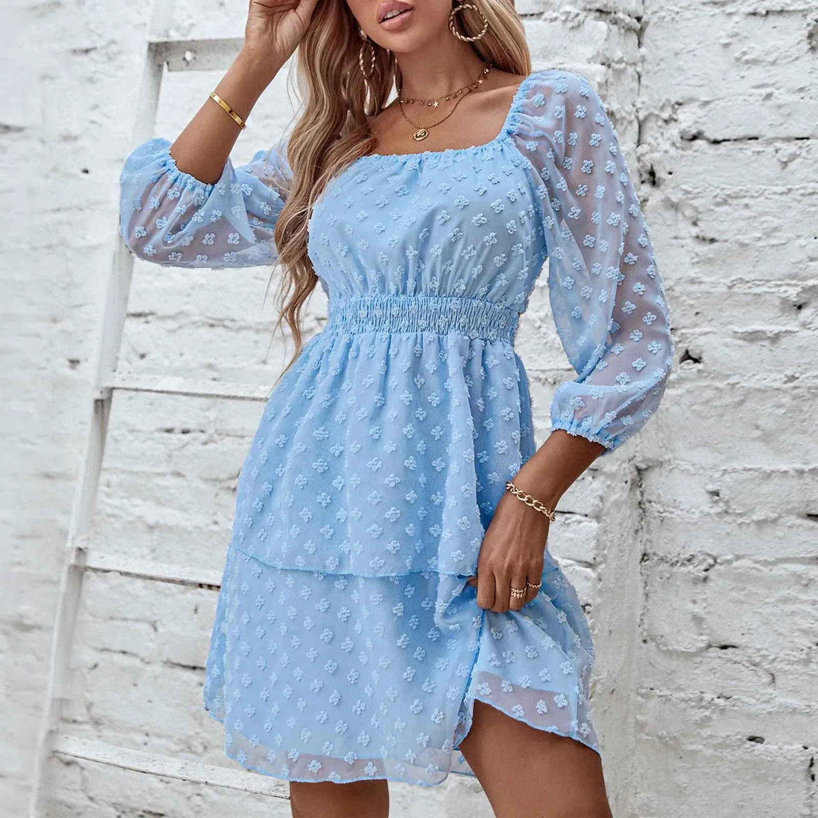 Solid Color Long Sleeve Square Neck Embroidery Flower Loose Swing Midi Bohemian Dress