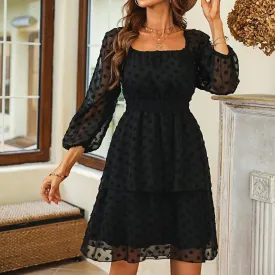 Solid Color Long Sleeve Square Neck Embroidery Flower Loose Swing Midi Bohemian Dress