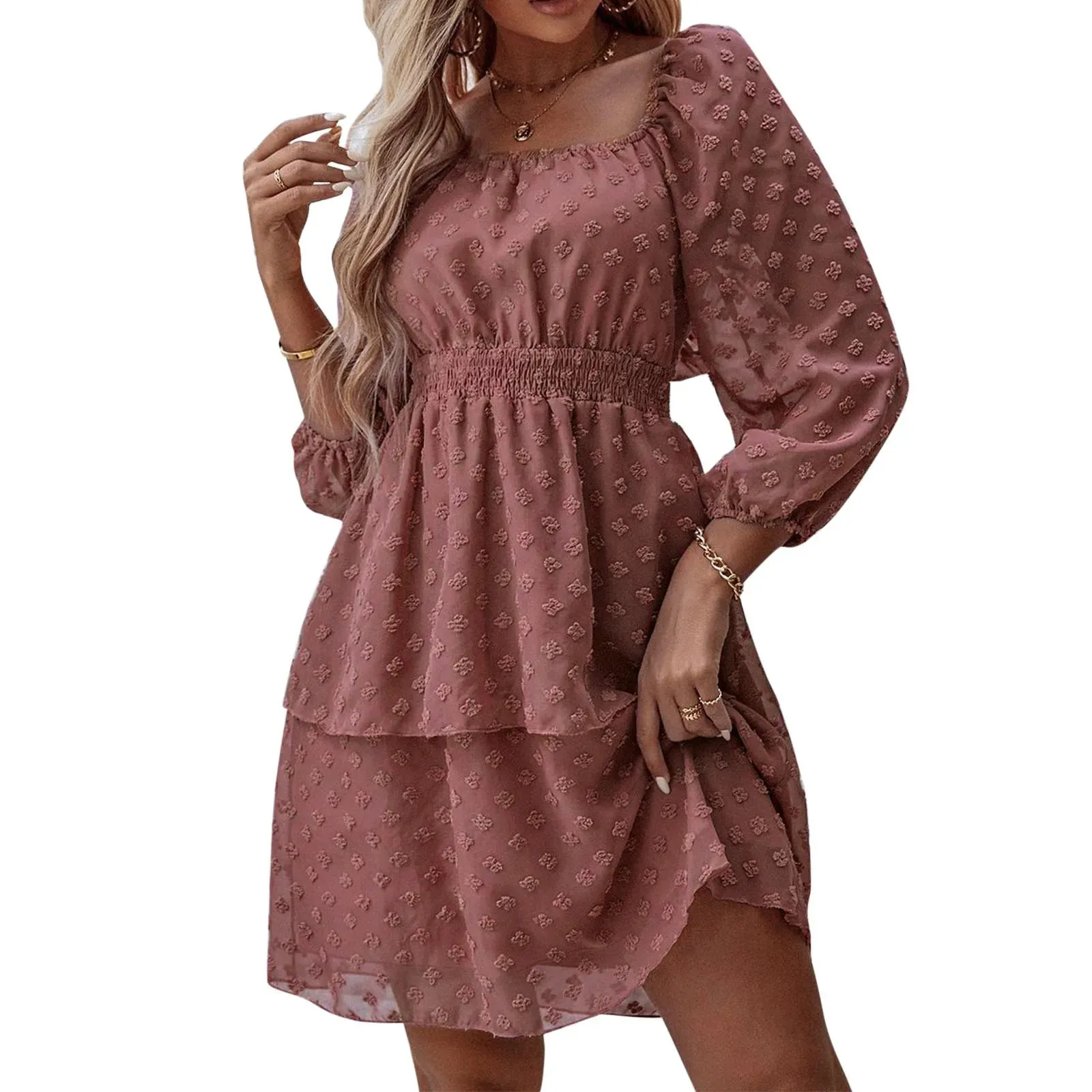 Solid Color Long Sleeve Square Neck Embroidery Flower Loose Swing Midi Bohemian Dress