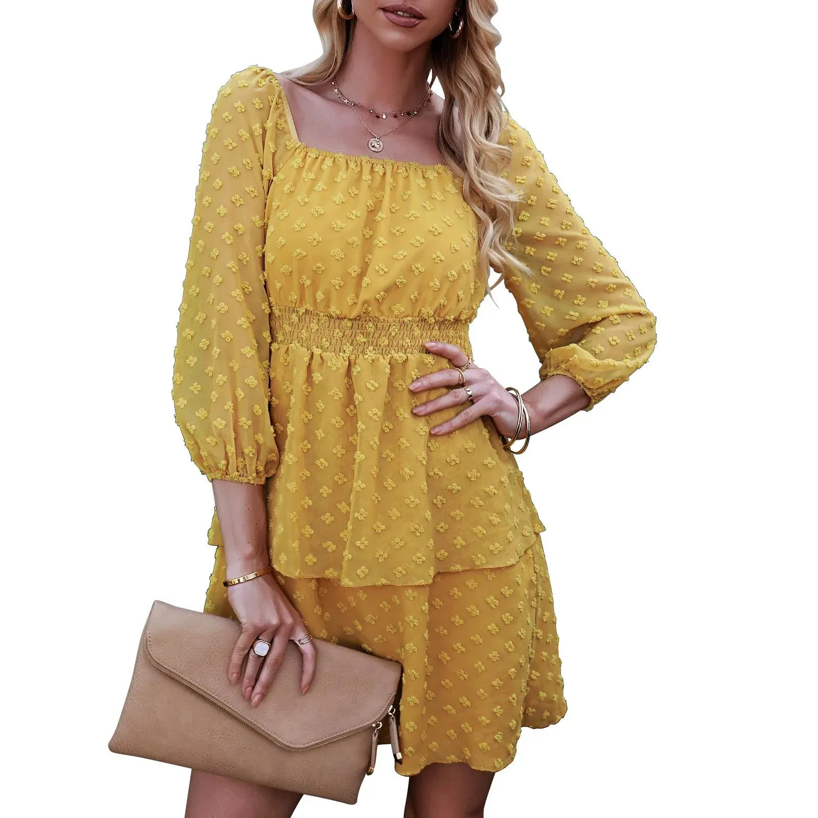 Solid Color Long Sleeve Square Neck Embroidery Flower Loose Swing Midi Bohemian Dress