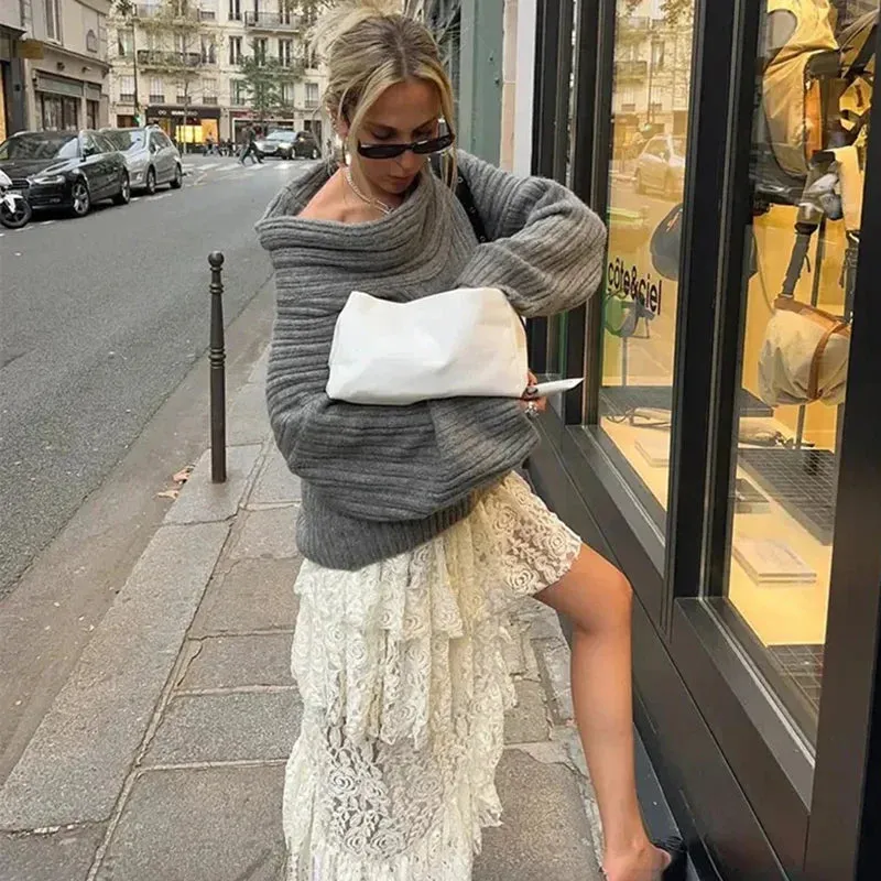 Solid Sleeve Off Spring Fashion Long Loose High Shoulders Street Sweater