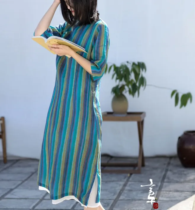 Stripe Short Sleeve Linen Dress Women Dress XSYCP9201229