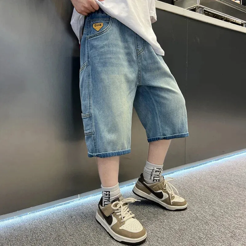 Summer Denim Shorts Big Kids Boys Loose Elastic Waist Children Casual Letter Patchwork Jean Short Children Cotton Jeans 4-14Y