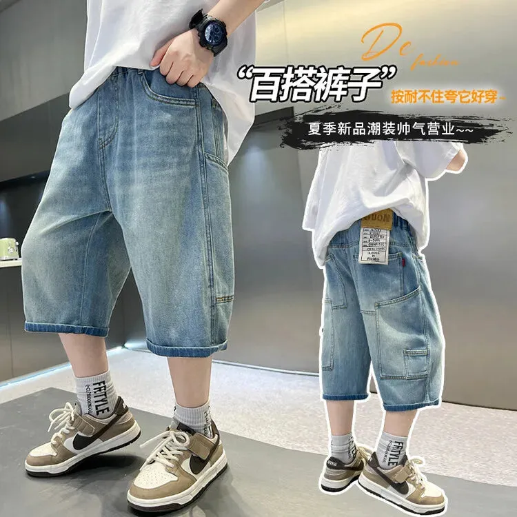 Summer Denim Shorts Big Kids Boys Loose Elastic Waist Children Casual Letter Patchwork Jean Short Children Cotton Jeans 4-14Y