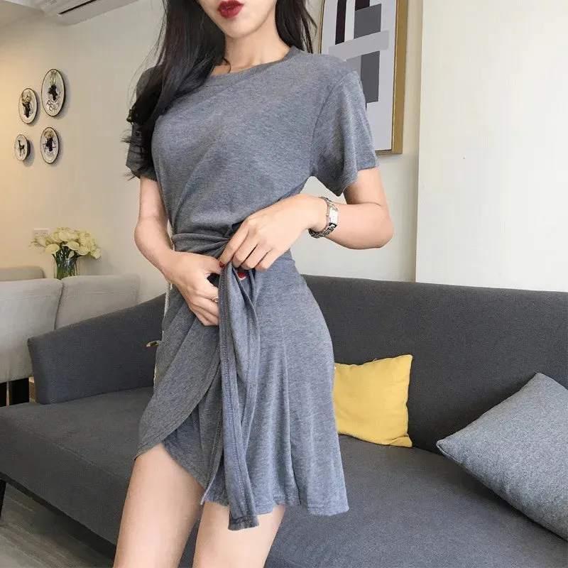 Summer Women Solid Color Dress Short Sleeve Mini Causal Dresses O-Neck Basic Bodycon Dresses