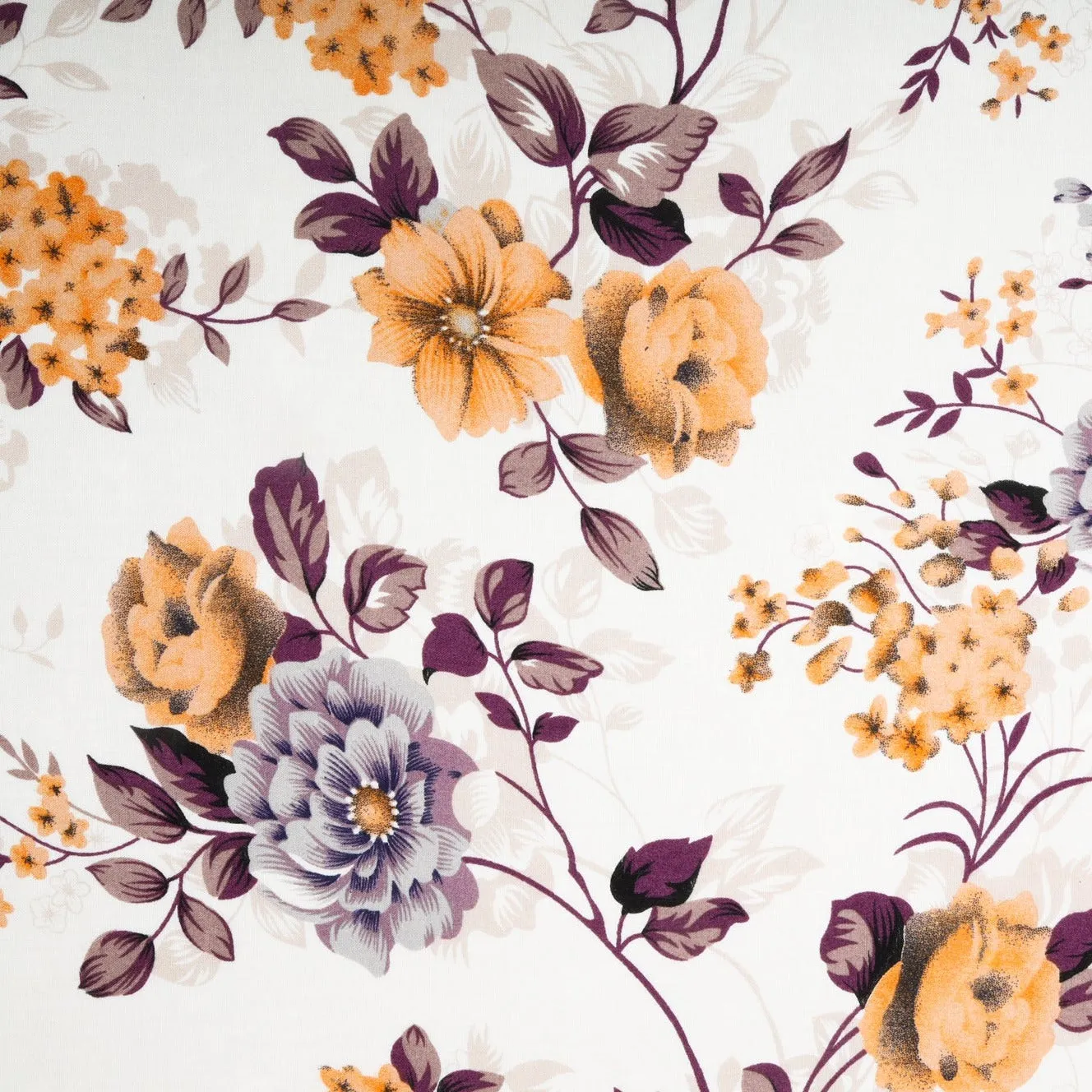 White & Orange Ditsy Floral Print Rayon Fabric , Plain Weave