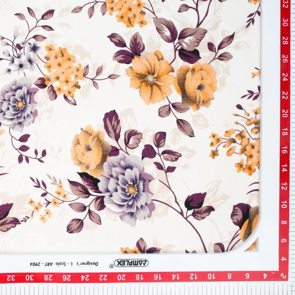 White & Orange Ditsy Floral Print Rayon Fabric , Plain Weave